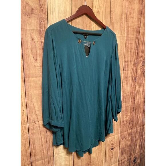 Torrid 2X Blouse NWT Teal Georgette Flowy Chiffon Blouse 3/4 Sleeve Gold Keyhole - Picture 2 of 9